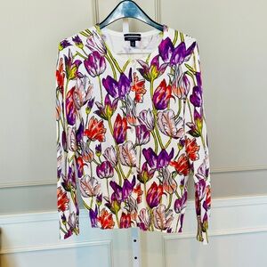 Land's End Large Tall Cardigan Tulips Floral Supima Cotton Preppy Girly Artsy